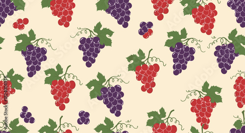 Abundant seamless pattern of lush red and purple grapes hanging from green leafy vines on a soft cream background.