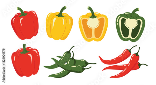 Colorful assortment of bell peppers in red yellow and green alongside hot chili peppers showcasing vibrant garden produce.
