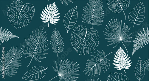Elegant seamless pattern showcasing diverse tropical leaves rendered in a sophisticated white outline style on a rich dark teal backdrop.
