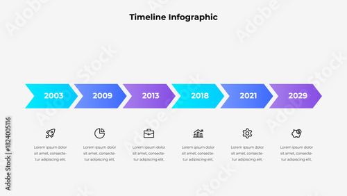 Six Steps Timeline Infographic Vector. Gradient Arrow Diagram with 6 Steps for Roadmap. Strategy. Planning and Business Development