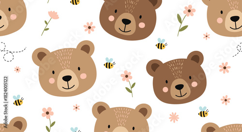 Adorable seamless pattern features cute cartoon bear faces surrounded by delicate pink flowers and buzzing bees on a pristine white background.