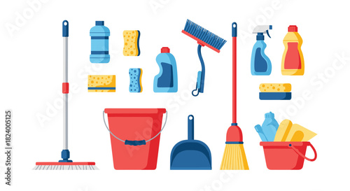 Comprehensive collection of cleaning supplies featuring a mop bucket broom dustpan sprays sponges and protective gloves.