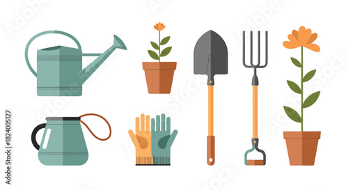 Essential collection of gardening tools including a watering can shovel rake protective gloves and potted plants ready for use.