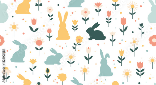 Cheerful seamless pattern features adorable Easter bunnies nestled among colorful spring flowers and tiny polka dots on a white backdrop.