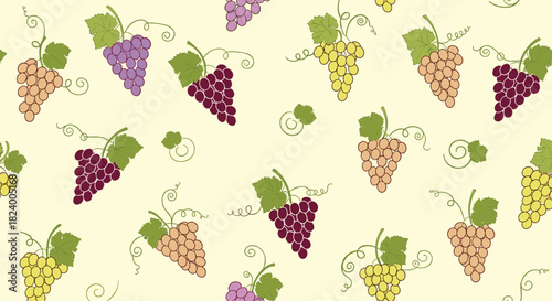 Beautiful seamless pattern displays a variety of colorful grapes in purple red and green with delicate leaves and tendrils.