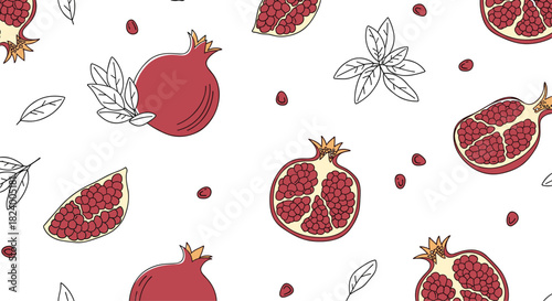 Juicy seamless pattern features whole pomegranates halves and seeds alongside elegant outline leaves scattered across a white background.