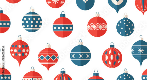 Festive seamless pattern showcases a cheerful array of red and blue Christmas ornaments adorned with intricate geometric designs.