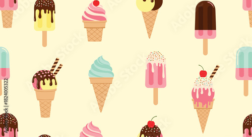 Delicious seamless pattern features a tempting variety of ice cream cones and colorful popsicles with diverse flavors and toppings.