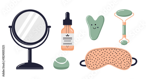 Modern collection of self-care and beauty tools including a mirror serum dropper gua sha facial roller and a comfortable sleep mask.