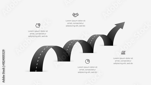 Roadmap Infographic Vector. 3D Road Arcs Diagram with Growth Arrow for Planning. Strategy. Progress and Business Development