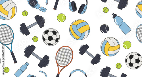 Dynamic seamless pattern features a lively assortment of sports equipment including tennis rackets balls dumbbells and water bottles.