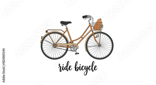 Charming vintage-style bicycle featuring a front basket is elegantly depicted above the handwritten text ride bicycle.