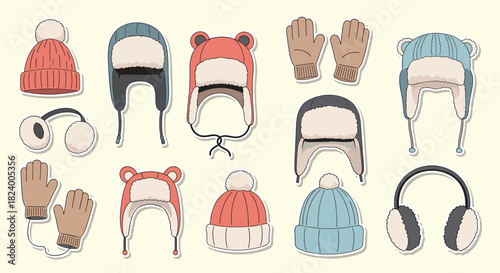 Cozy collection of various winter hats including beanies and aviator styles along with matching gloves presented as stickers.