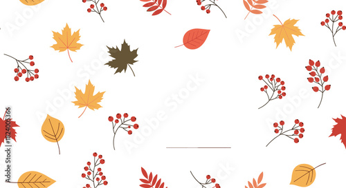 Festive autumn frame gracefully surrounds a pristine white central space adorned with vibrant fall leaves and red berries.