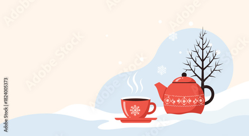 Cozy red teapot and steaming cup of hot tea sit nestled in a serene snowy winter landscape with a bare tree.