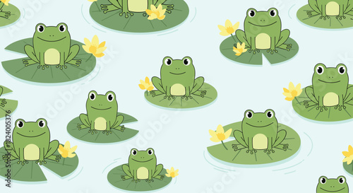 Delightful seamless pattern features cute green frogs resting on lily pads surrounded by cheerful yellow flowers in calm water.
