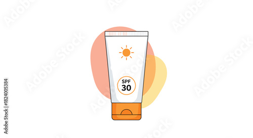 Essential sunscreen tube featuring SPF 30 is prominently displayed against a soft abstract peach and orange background.