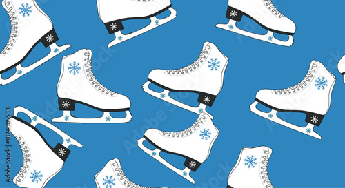 Charming seamless pattern of elegant white ice skates adorned with delicate blue snowflakes on a vibrant blue background.