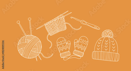 Cozy collection of knitting and crochet supplies in white line art featuring yarn needles mittens and a pom-pom hat.