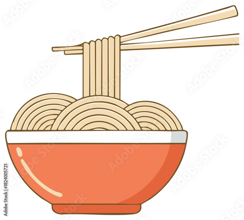 Chopsticks lifting traditional Asian noodles from a red bowl vector illustration