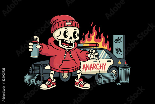 Skeleton character with spray can and hoodie.