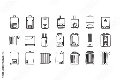 Gas and electric heater line icons for plumbing, installation, and repair services