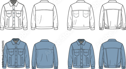 Cad drawing flat vector illustration, denim jacket design, fashion sketch, technical garment outline, chest pockets, button front, side views