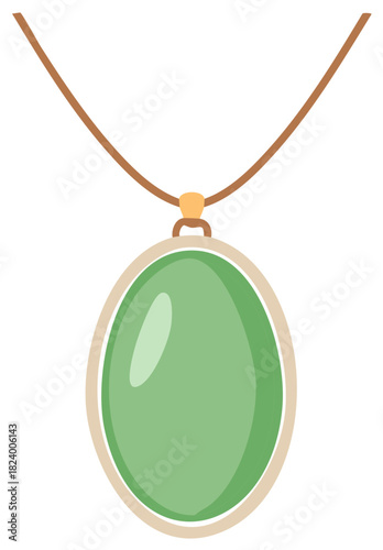 Green Stone Pendant Necklace Jewelry with Oval Gemstone and Brown Cord