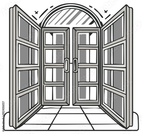 Arched Double Doors Open to Tiled Floor, Architectural Illustration