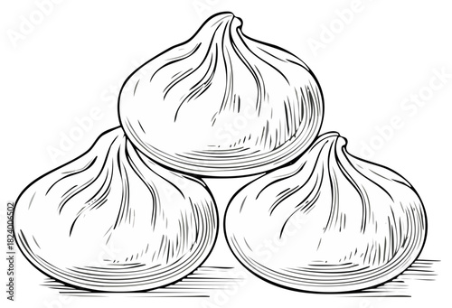 Three traditional Asian food dumplings in a vintage black and white line art sketch illustration