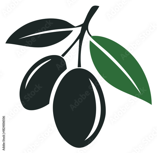 Olive branch logo with black olives and green leaves, simple graphic element