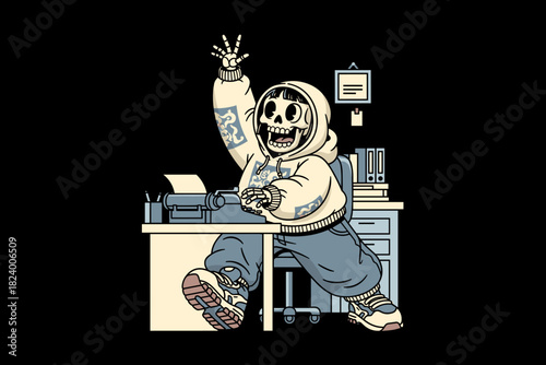 Skeleton character in hoodie sitting at desk with raised hand.
