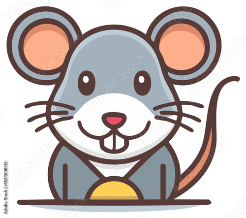 Friendly grey cartoon mouse smiling with big ears and prominent front teeth