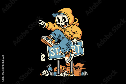 Skeleton character wearing hoodie and jeans sitting on start sig