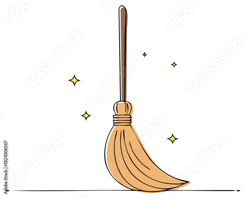 Whimsical Witch Broom with Sparkles Cartoon Illustration for Spooky Season