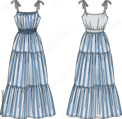 Cad drawing flat vector illustration, tiered maxi dress design, fashion sketch, technical garment outline, shoulder tie straps, smocked bodice