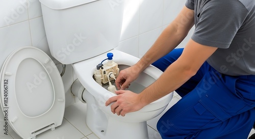 Professional plumber repairing toilet flush mechanism in a bathroom. Home plumbing maintenance and service concept.