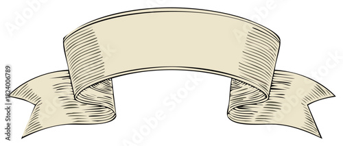 Elegant Ribbon Banner Design Element, Engraved Style, Blank Curved Parchment for Text and Message