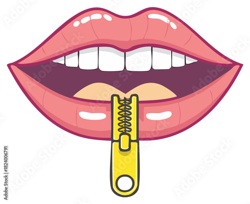 Cartoon Lips Closed with Zipper Mouth Silence Secret Expression Vector Graphic