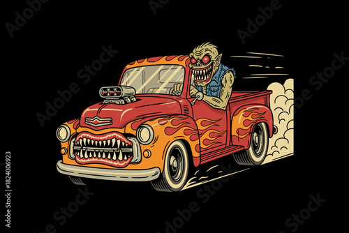 Zombie driving a hot rod truck with flames and smoke.