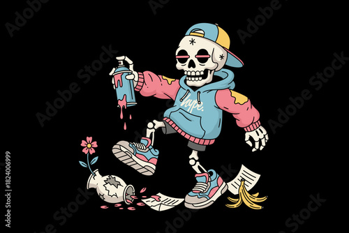 Graffiti Skeleton Character Spray Painting with Urban Style.