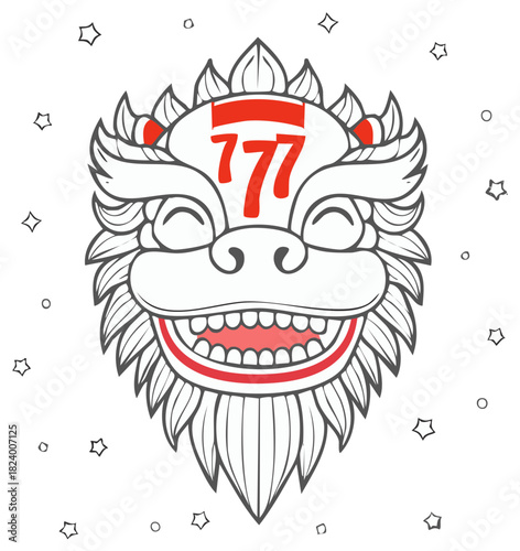 Outline Cartoon Dragon Face Mask with Red '777' Symbol and Stars, Celebration Theme