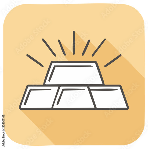 Stylized flat vector drawing of gold bullion bars, simple icon on square with soft shadow