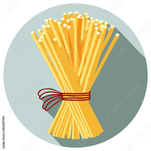 Bunches of uncooked spaghetti pasta bound together with red twine illustration