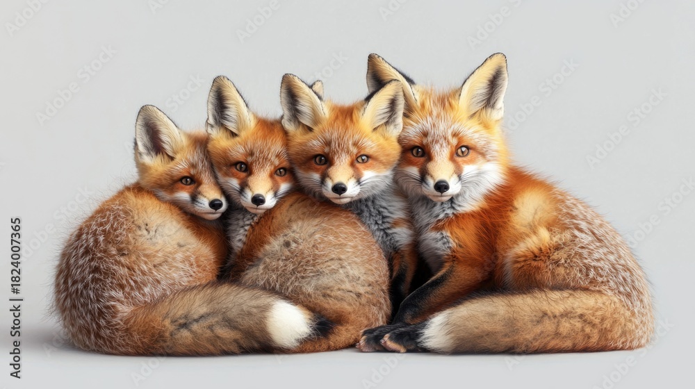 Fototapeta premium A mother fox is holding her cubs. The cubs are small and fluffy, and they are all smiling, Concept of warmth and love between the mother and her children