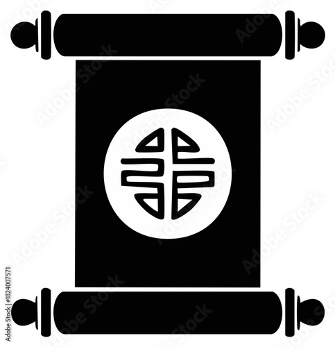 Black and white illustration of a scroll with an Asian symbol for longevity