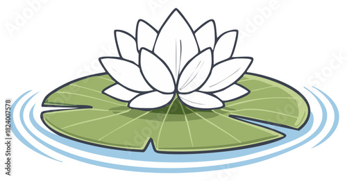 A delicate white water lily flower blossoms on a green lily pad floating on serene rippling blue water.