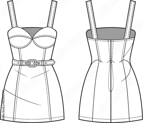 Cad drawing flat vector illustration, sleeveless belted dress design, fashion sketch, technical garment outline, sweetheart neckline, diagonal seams