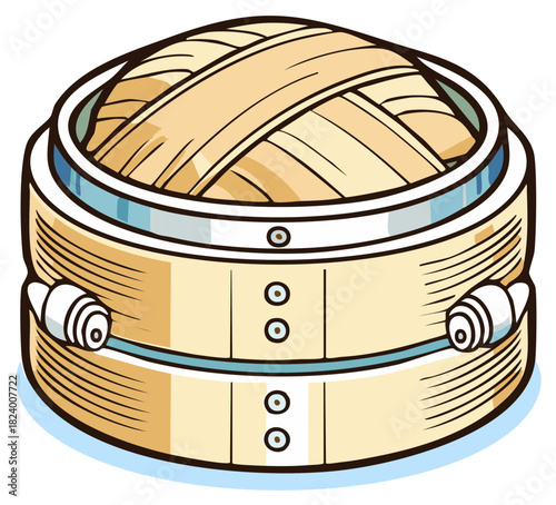 Illustration of a traditional bamboo dim sum steamer with lid closed, culinary graphic.