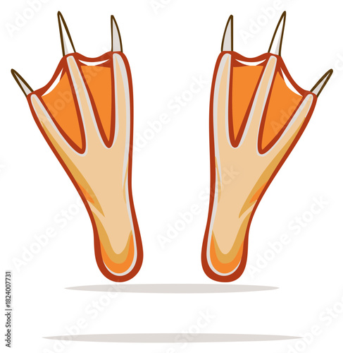 Cartoon duck feet illustration, webbed orange paws of waterfowl, two footprints isolated